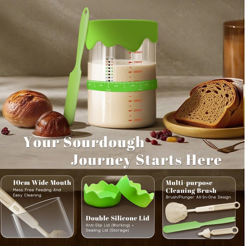 Solisifime Pro Sourdough Starter 10-In-1 Kit – 34 Oz Glass Jar With Lid, Cloth Cover, Date Band, Brush, Temp Strip, Silicone Spatula, Heating Mat – Sourdough Bread Baking Supplies, Glass Container, Green - Image 3